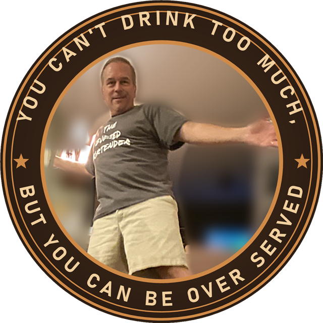 The Buzzed Bartender logo: Chris in his Buzzed Bartender shirt, arms wide, ringed by the words 'You can't drink too much, but you can be over served'
